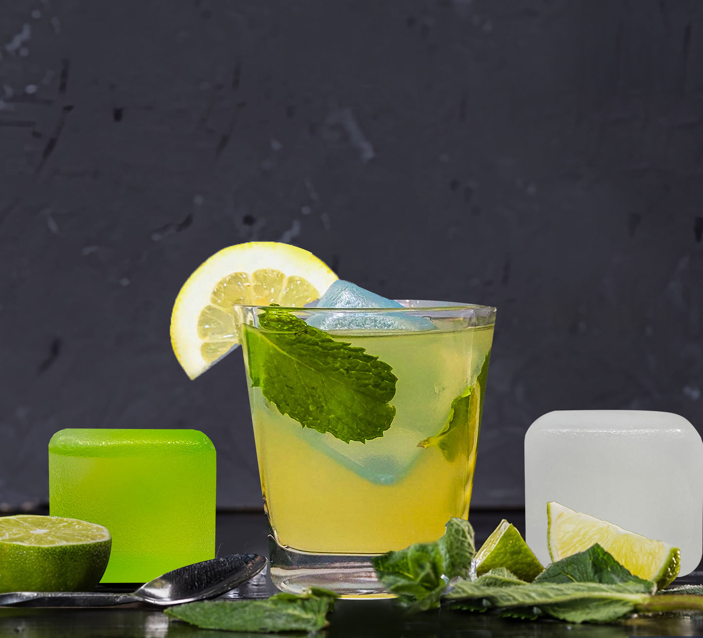 Cocktail with mint and citrus chilled using Reusacube reusable ice cubes